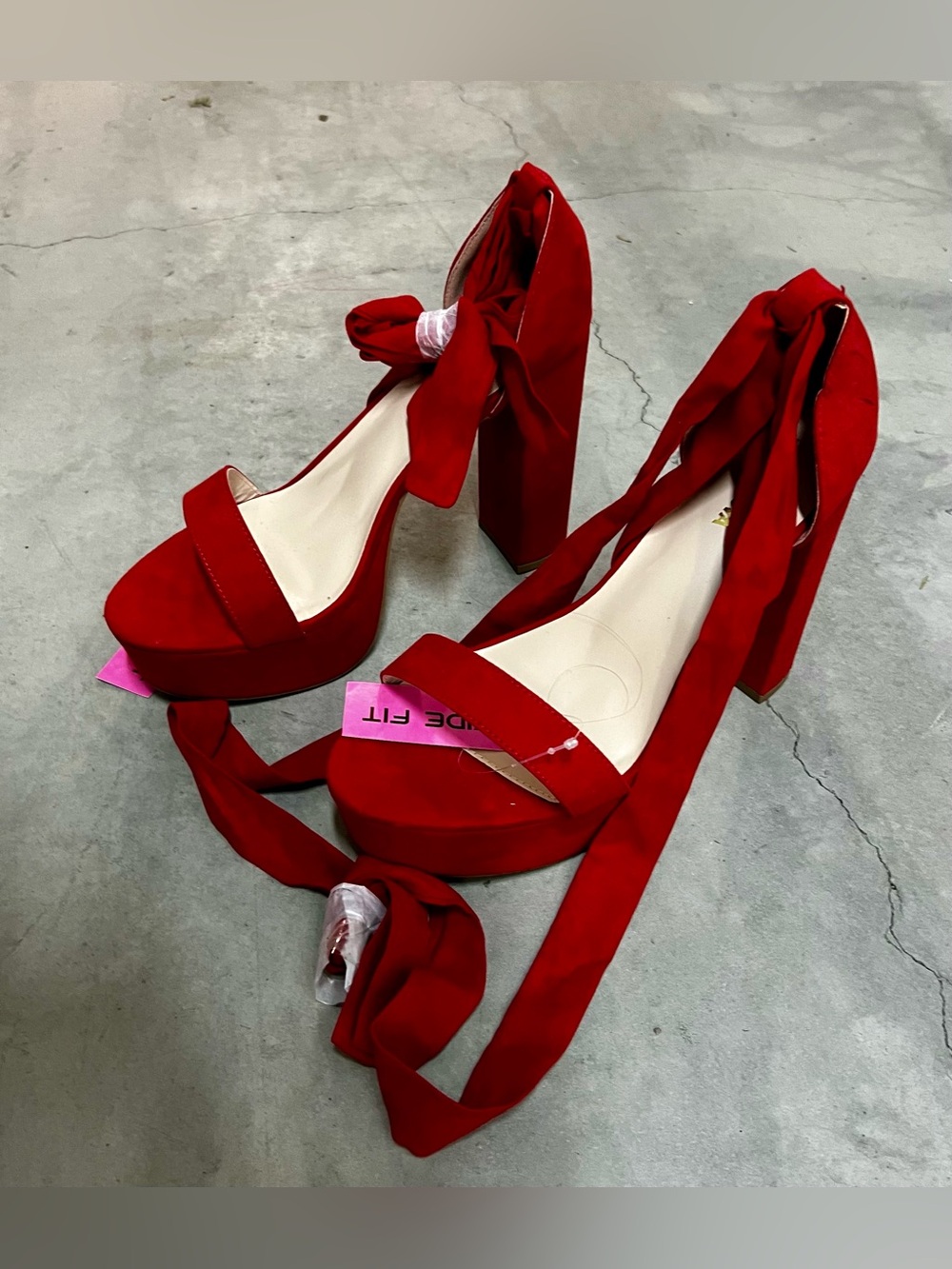 Fashion Nova Red Suede Platform Block Heels with Wrap Ties